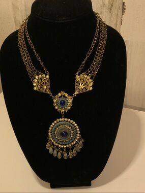 Antique Gold-Tone Blue Pendant Statement Necklace